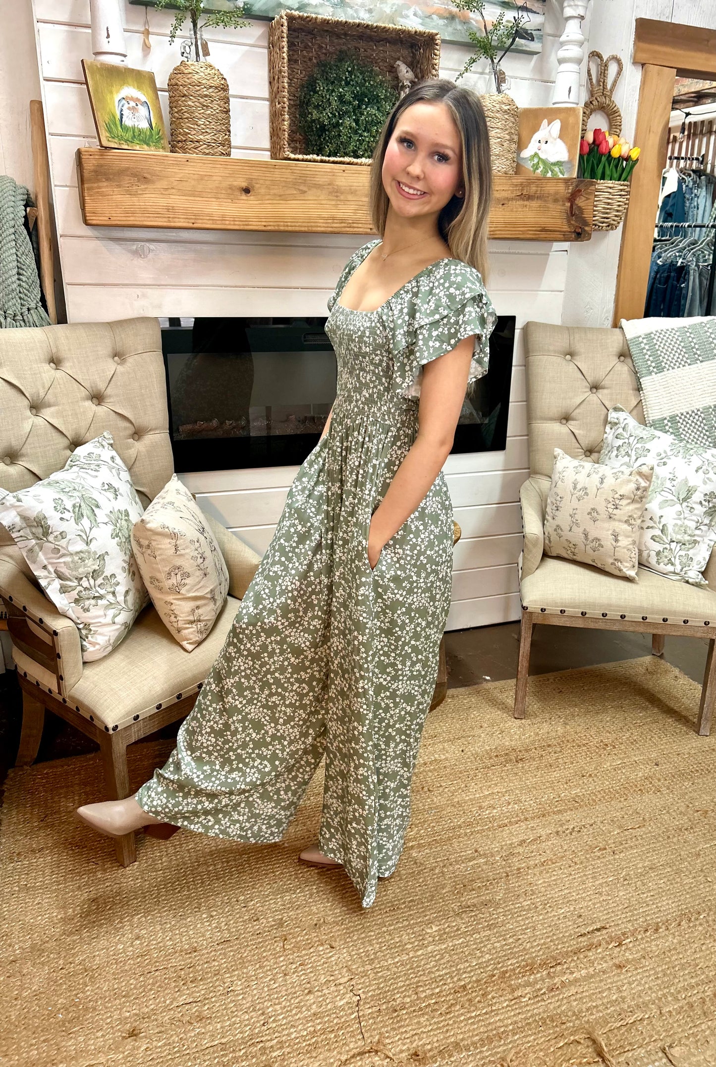 Sage Floral Wide Leg Jumpsuit