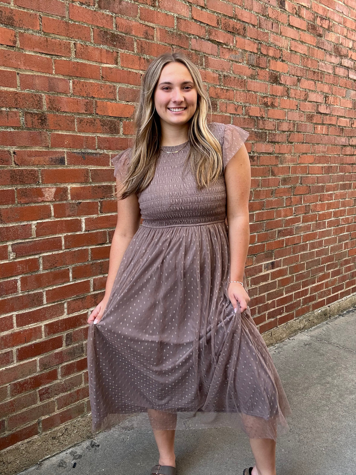 Taupe Tulle Midi Dress