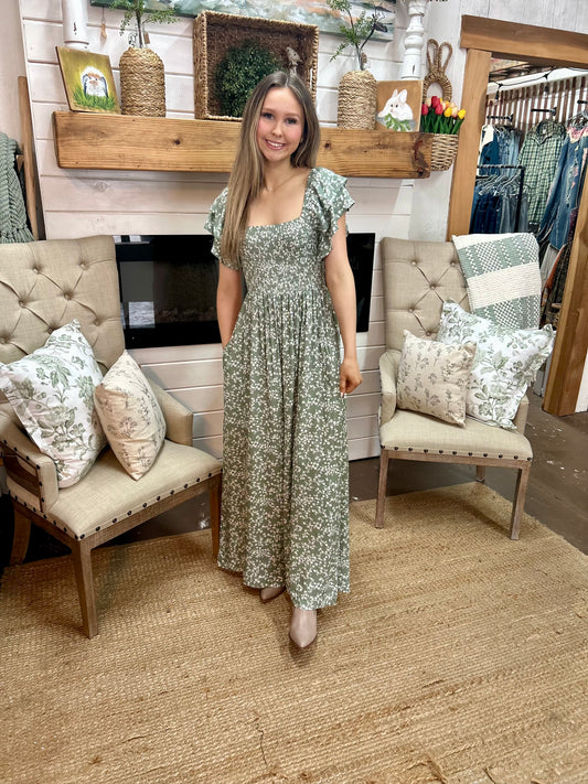 Sage Floral Wide Leg Jumpsuit