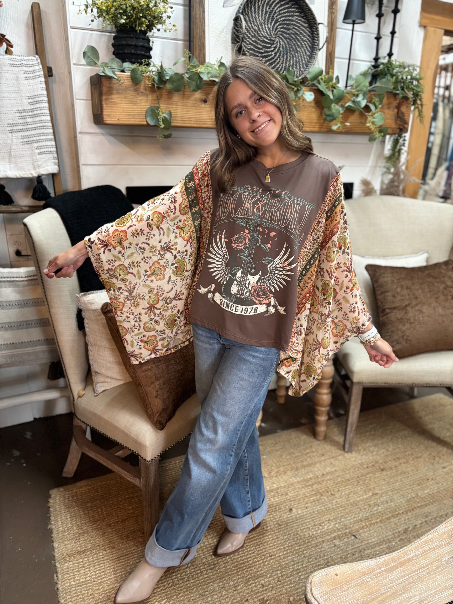 Vintage Rock N Roll Graphic Poncho Top