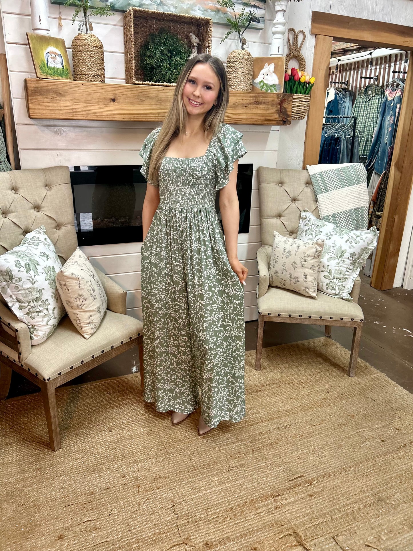 Sage Floral Wide Leg Jumpsuit