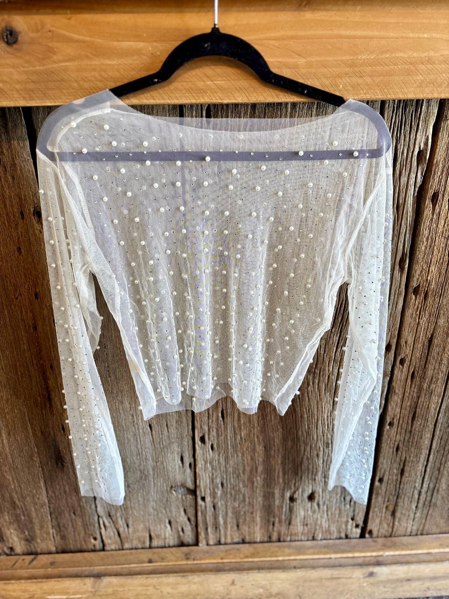 White sheer pearl and rhinestone top