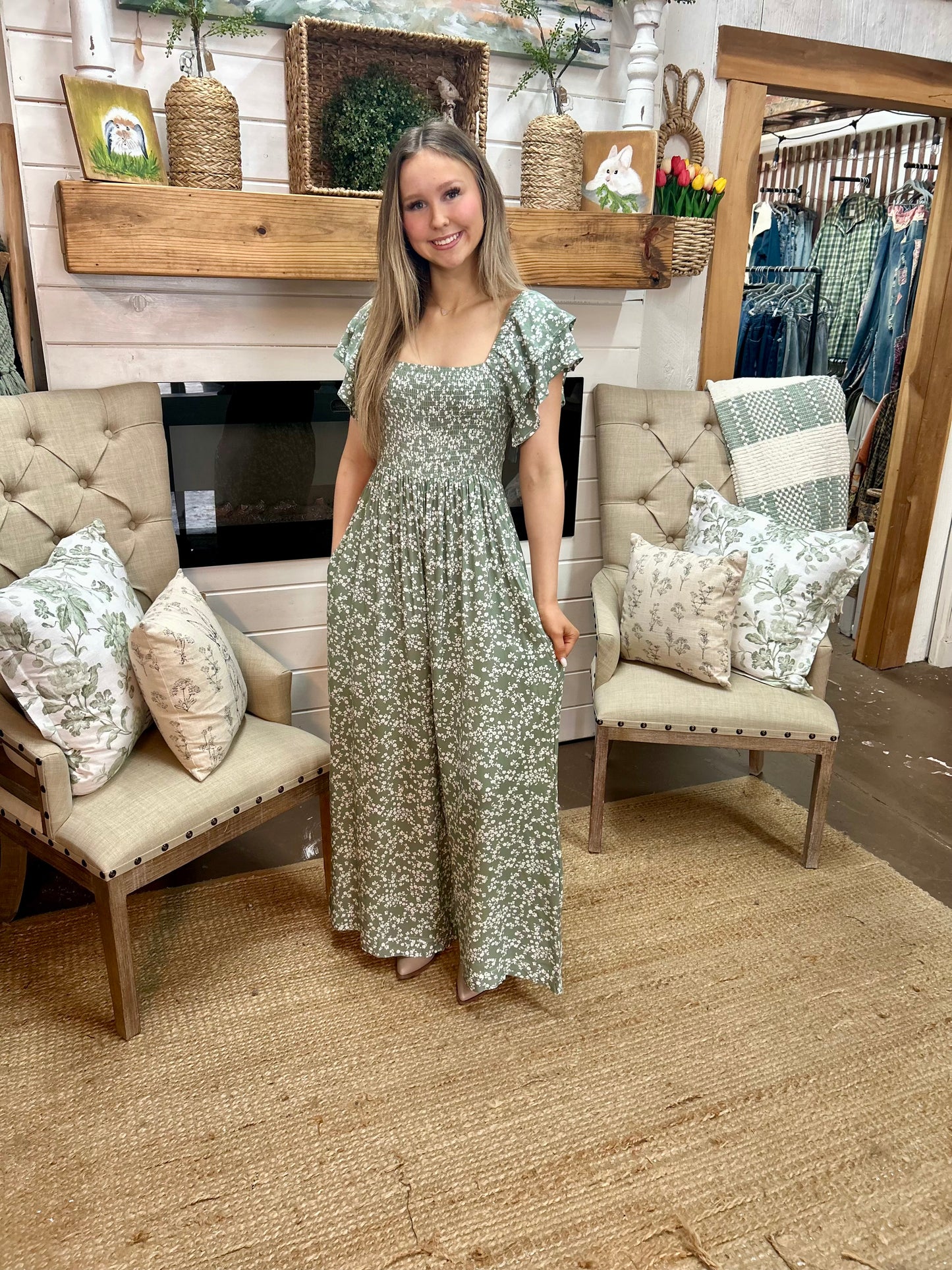 Sage Floral Wide Leg Jumpsuit