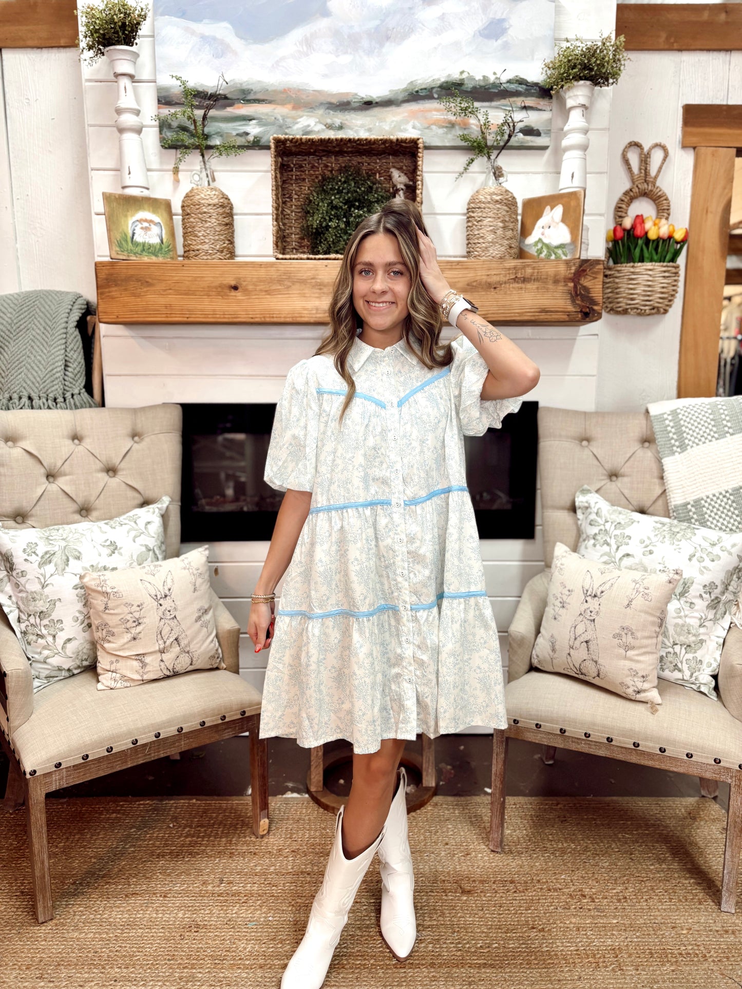 Blue Floral Print Tunic Dress