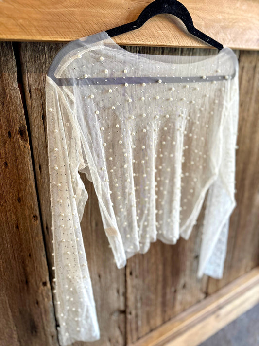 White sheer pearl and rhinestone top