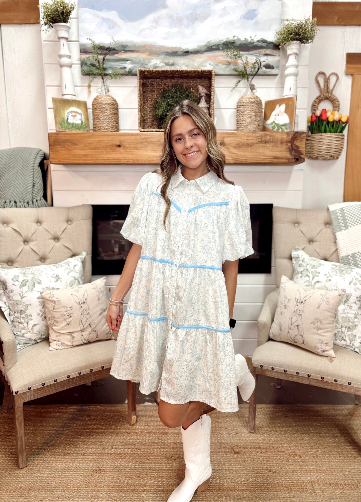 Blue Floral Print Tunic Dress