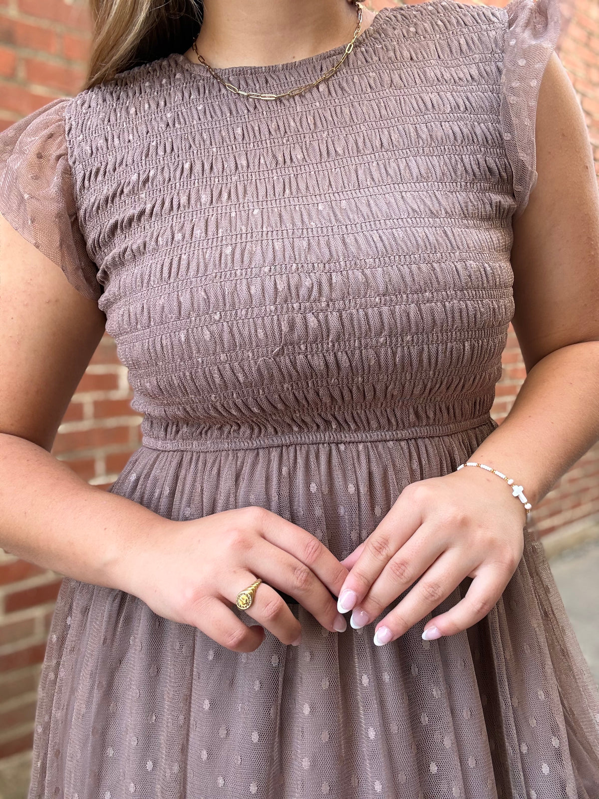 Taupe Tulle Midi Dress
