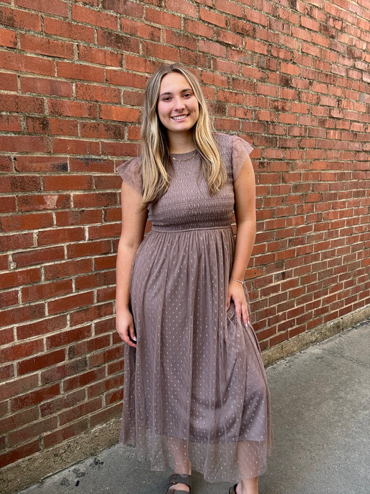 Taupe Tulle Midi Dress